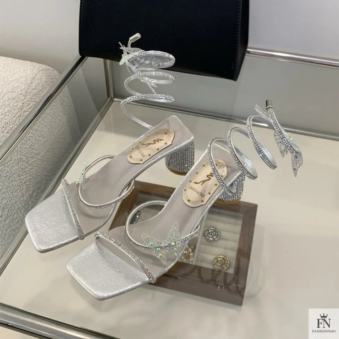 Butterfly Rhinestone Block Spiral Heels - Fashionnsio