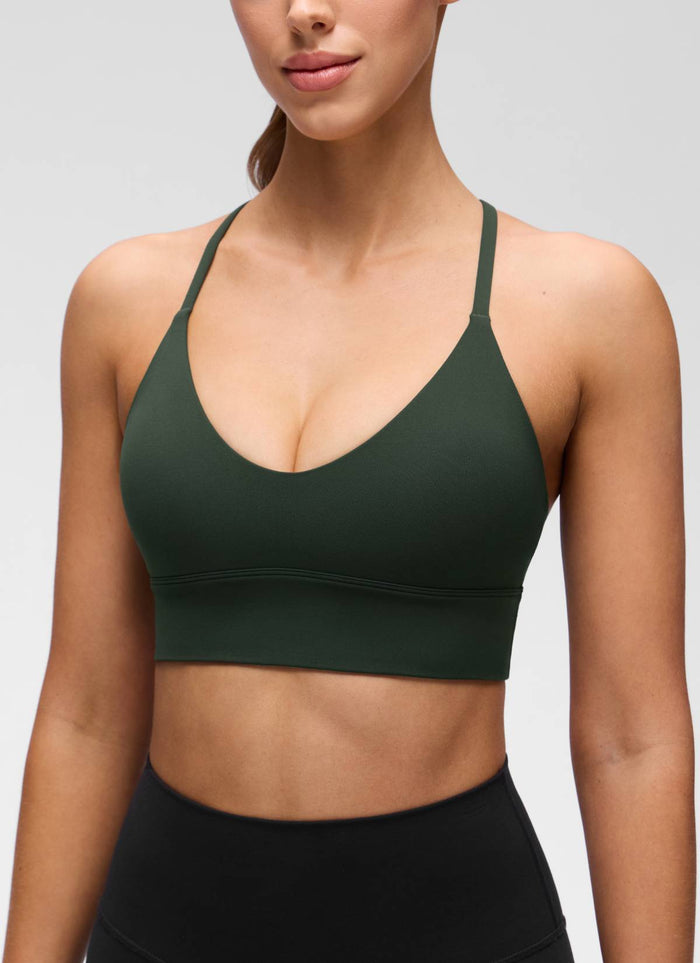 CRZ YOGA Women's Butterluxe Yoga V Neck Cross Back Longline Sports Bra Legend Green