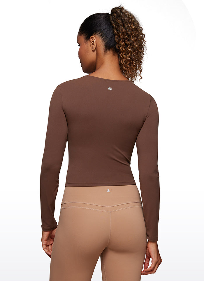 CRZ YOGA Women's Slim Fit Yoga Butterluxe Crop Long Sleeves Front Seam Coffee Brown