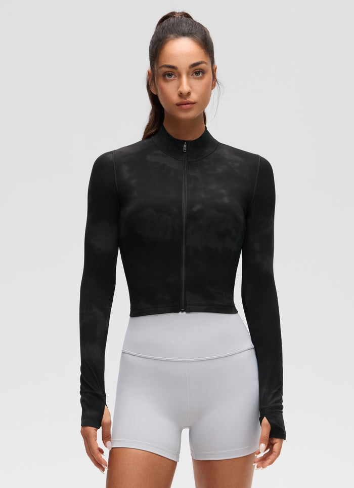 CRZ YOGA Women's Butterluxe Cropped Outerwear Full Zip Jackets Black Tie Dye Flowers