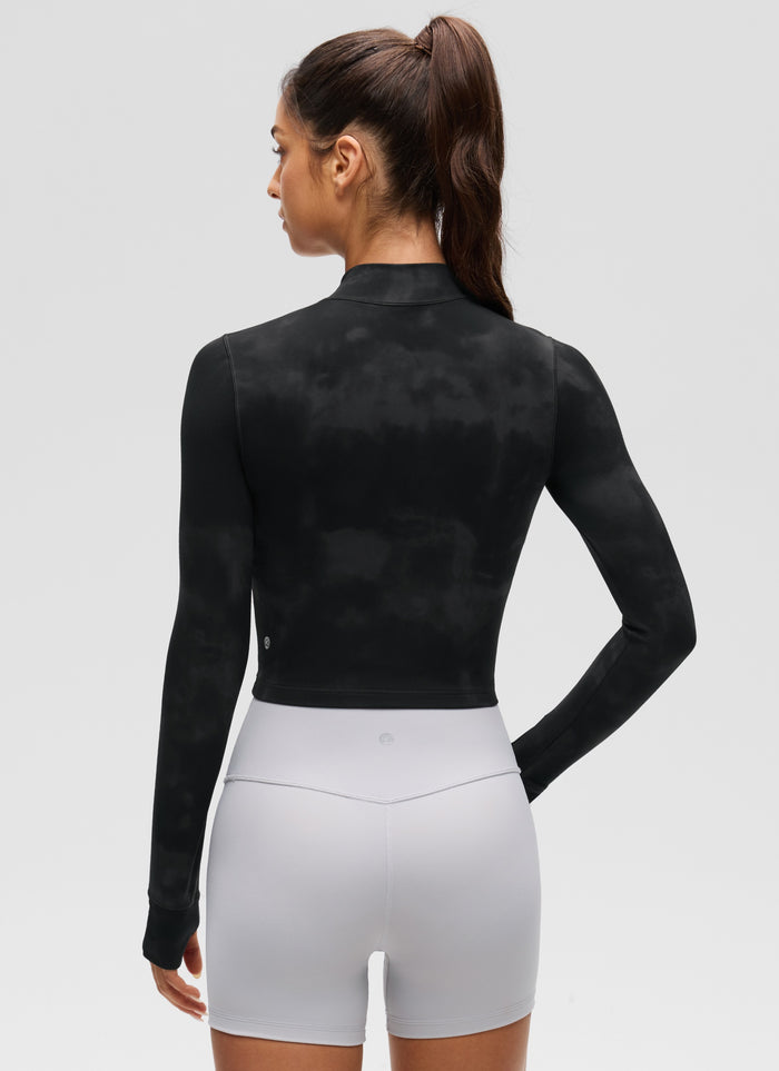 CRZ YOGA Women's Butterluxe Cropped Outerwear Full Zip Jackets Black Tie Dye Flowers