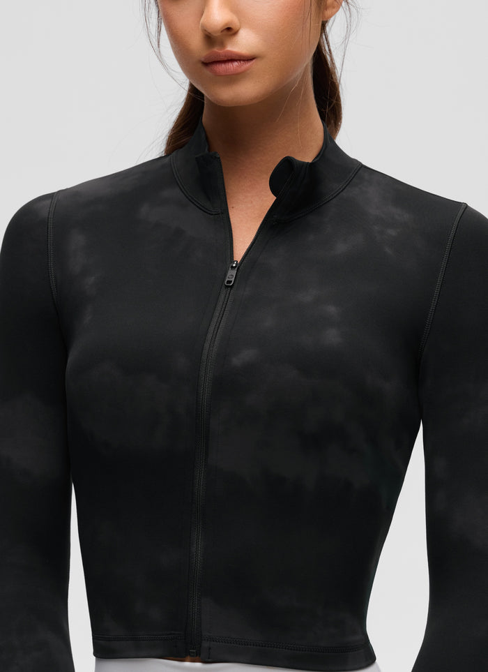 CRZ YOGA Women's Butterluxe Cropped Outerwear Full Zip Jackets Black Tie Dye Flowers