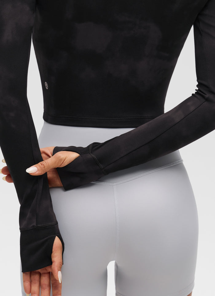 CRZ YOGA Women's Butterluxe Cropped Outerwear Full Zip Jackets Black Tie Dye Flowers