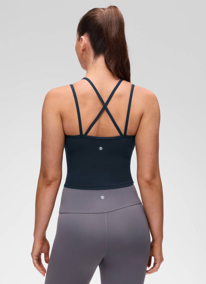 CRZ YOGA Women's Butterluxe Yoga V Neck Cross Back Built in Bra Tank True Navy