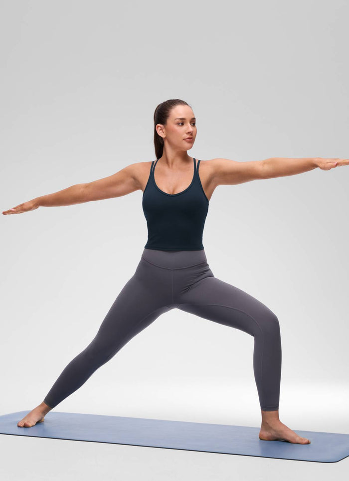 CRZ YOGA Women's Butterluxe Yoga V Neck Cross Back Built in Bra Tank True Navy