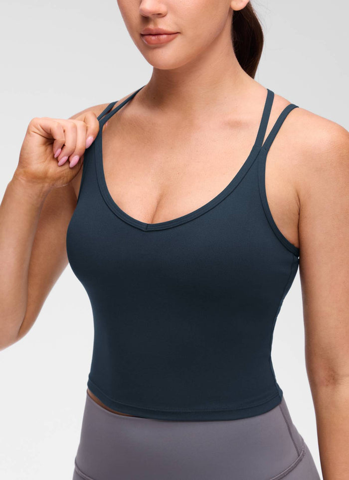 CRZ YOGA Women's Butterluxe Yoga V Neck Cross Back Built in Bra Tank True Navy