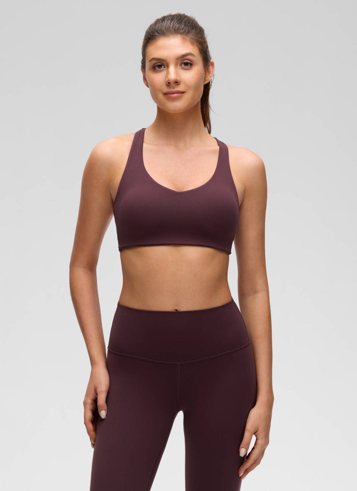 CRZ YOGA Women's Butterluxe Yoga V Neck Strappy Back Sports Bra Ripe Plum
