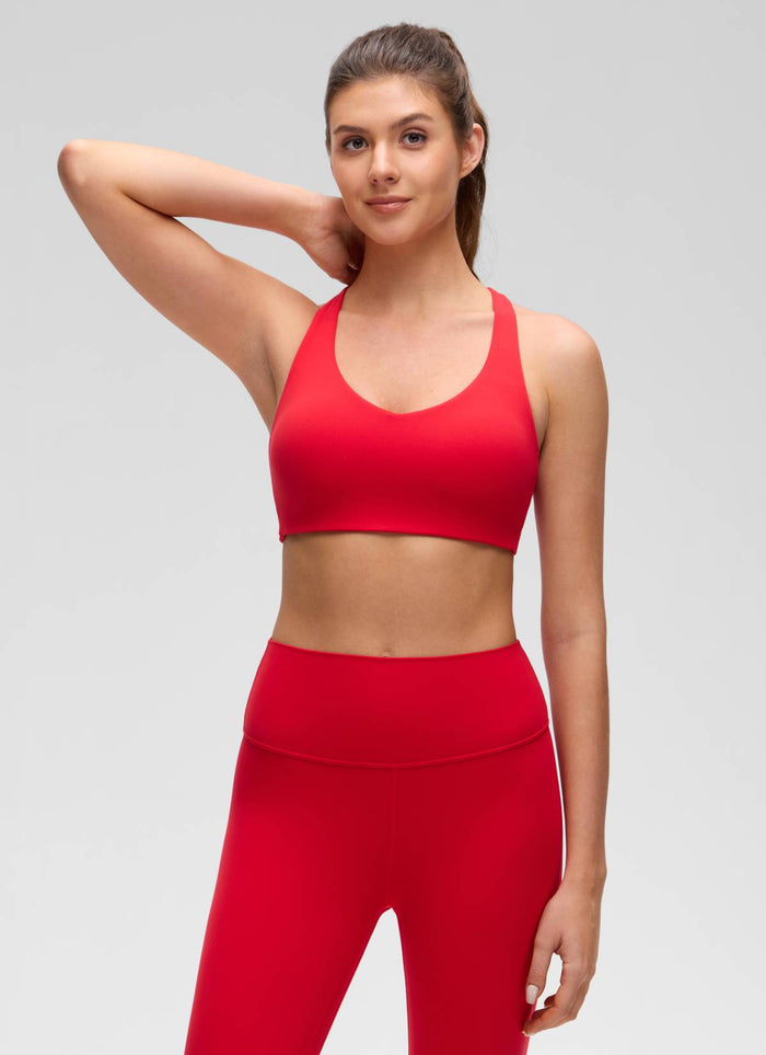 CRZ YOGA Women's Butterluxe Yoga V Neck Strappy Back Sports Bra Aurora Red