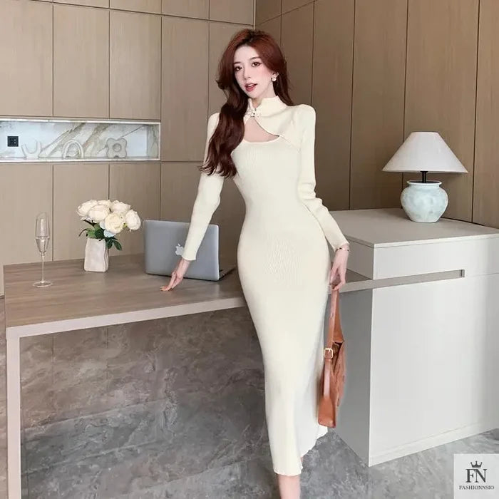 Button Cutout Ribbed Sweater Dress - Fashionnsio
