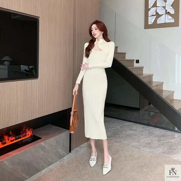 Button Cutout Ribbed Sweater Dress - Fashionnsio