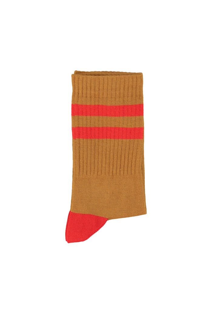 Camel socks with red stripes