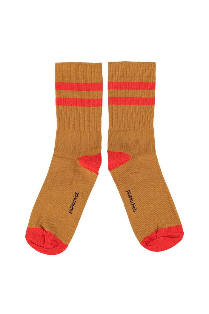 Camel socks with red stripes