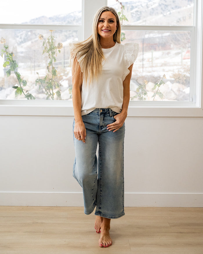 Cameron Scalloped Eyelet Sleeve Top - White Staccato