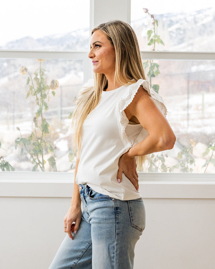 Cameron Scalloped Eyelet Sleeve Top - White Staccato