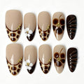 Handmade almond press on nails, sheer nude caramel brown leopard French tip 3D white flower vintage false nails for women