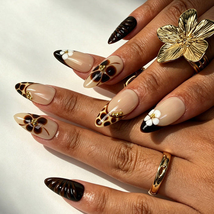Caramel Bloom handmade almond press on nails, soft vintage caramel leopard French tip flower nail art on hand