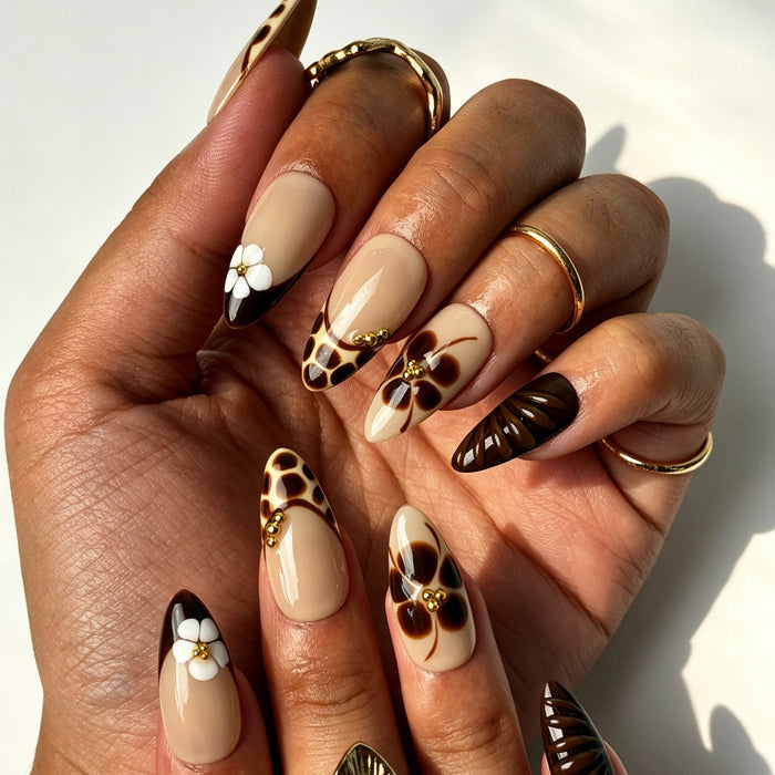Handcrafted almond press on nails, caramel leopard French tip design for autumn outfits and coffee dates