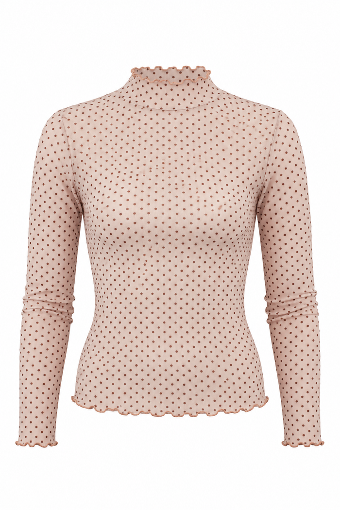 Charmed By You Polka Dot Mock Neck Mesh Top