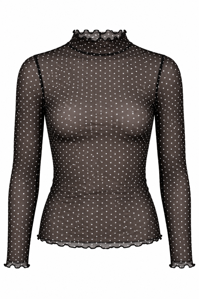 Charmed By You Polka Dot Mock Neck Mesh Top