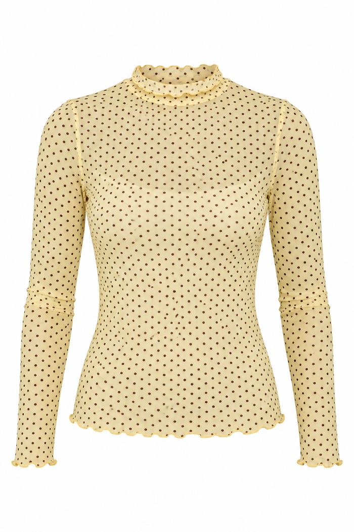 Charmed By You Polka Dot Mock Neck Mesh Top