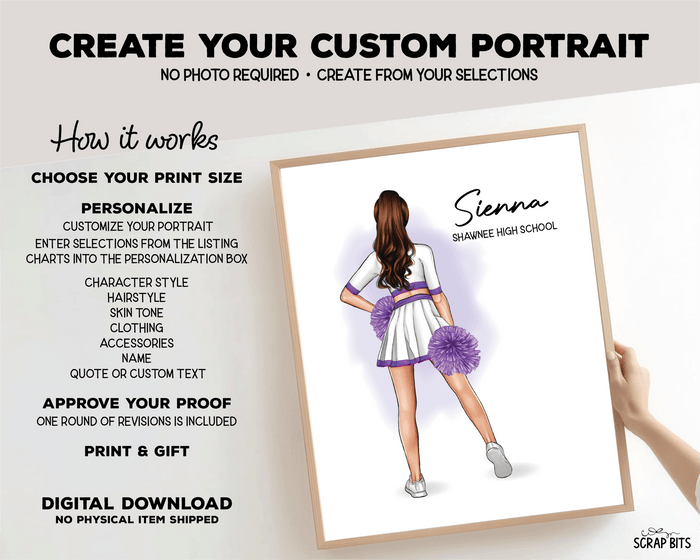 Cheerleader Portrait Print, Custom Digital Drawing - Hip Poms - Scrap Bits