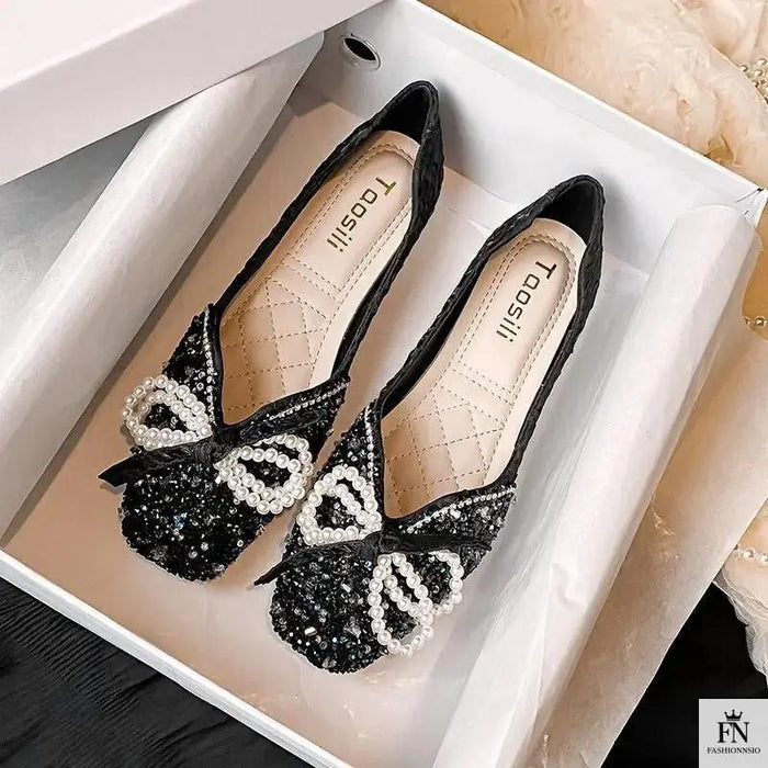 Cinderella Pearl Bow Flats - Fashionnsio