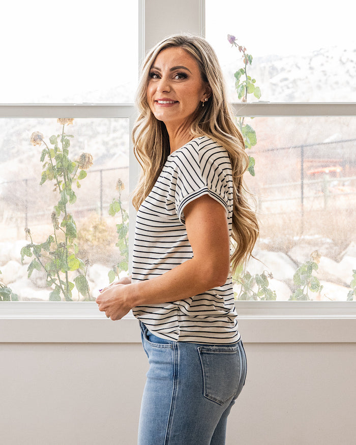 Claire Striped Drop Shoulder Top - Ivory & Black Staccato
