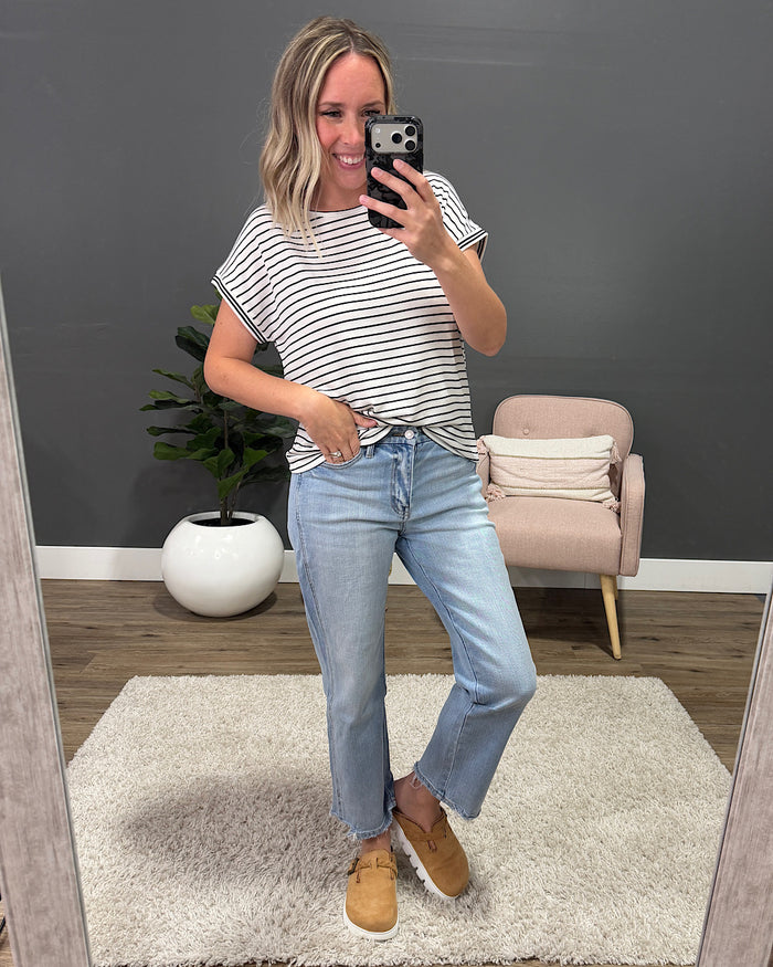 Claire Striped Drop Shoulder Top - Ivory & Black Staccato