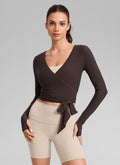 CRZ YOGA Women's Cloudweight Yoga Tie Design Crop Wrap Long Sleeve Hot Fudge Brown