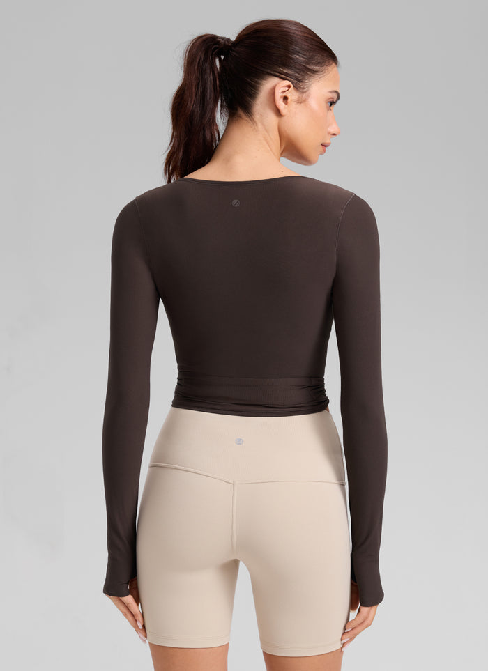 CRZ YOGA Women's Cloudweight Yoga Tie Design Crop Wrap Long Sleeve Hot Fudge Brown