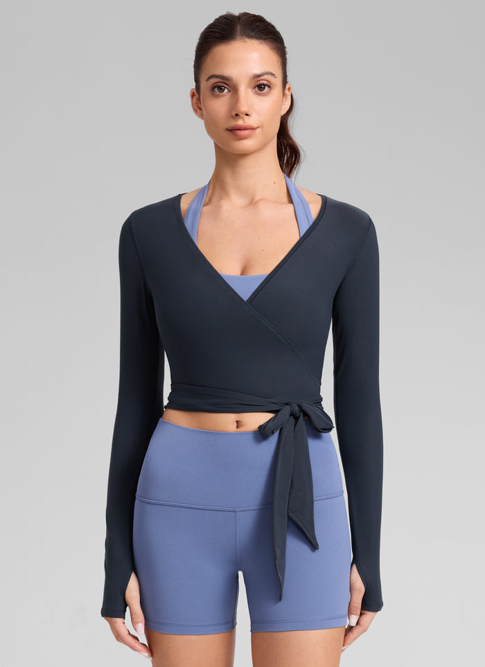 CRZ YOGA Women's Cloudweight Yoga Tie Design Crop Wrap Long Sleeve True Navy