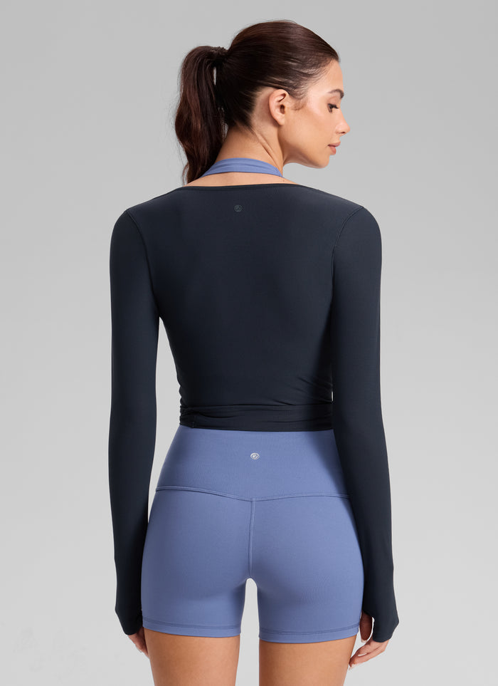 CRZ YOGA Women's Cloudweight Yoga Tie Design Crop Wrap Long Sleeve True Navy