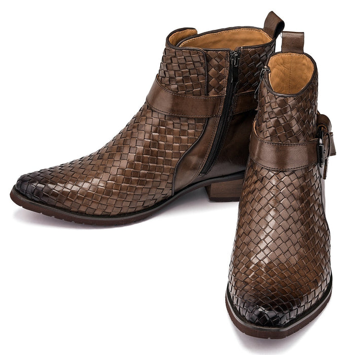 Coffee Brown Woven High-Top Buckle Zipper Ankle Boots - 3.3 Inches Taller - SARTORO