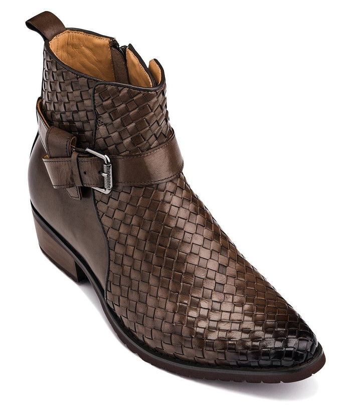 Coffee Brown Woven High-Top Buckle Zipper Ankle Boots - 3.3 Inches Taller - SARTORO