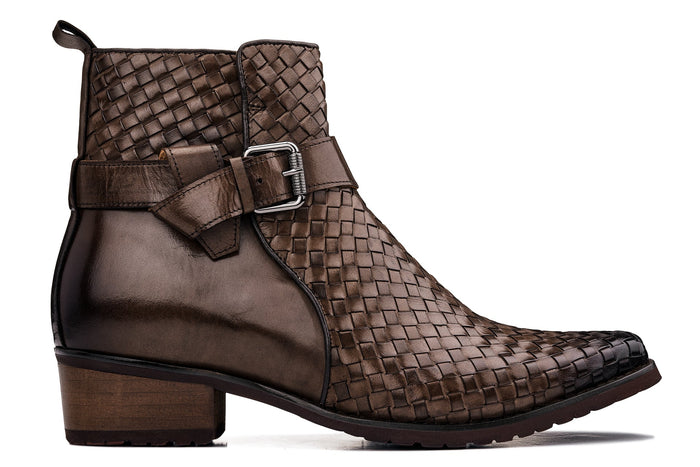 Coffee Brown Woven High-Top Buckle Zipper Ankle Boots - 3.3 Inches Taller - SARTORO