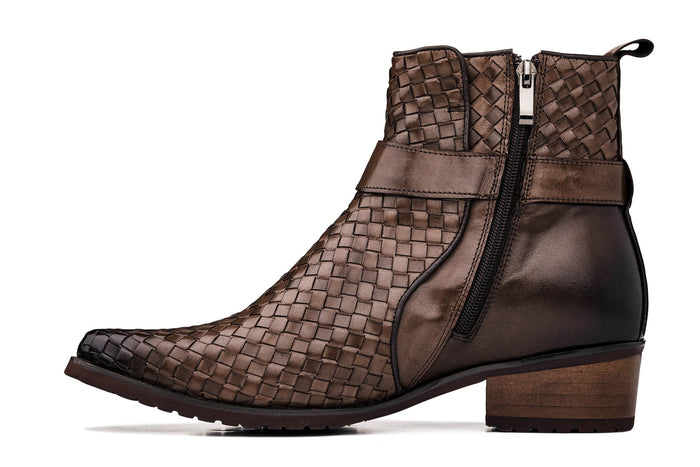 Coffee Brown Woven High-Top Buckle Zipper Ankle Boots - 3.3 Inches Taller - SARTORO