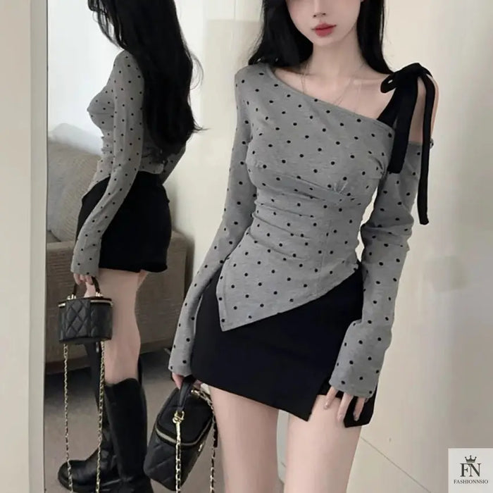 Cold Shoulder Polka Dot Bow Top - Fashionnsio