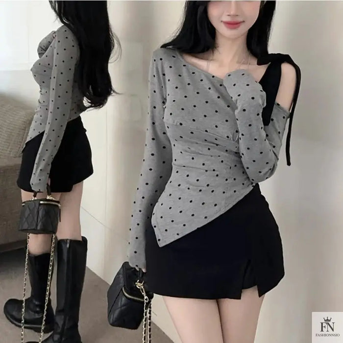 Cold Shoulder Polka Dot Bow Top - Fashionnsio