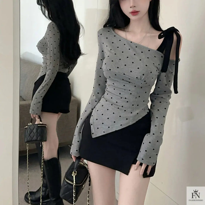 Cold Shoulder Polka Dot Bow Top - Fashionnsio