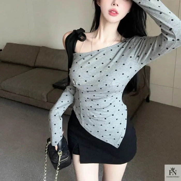 Cold Shoulder Polka Dot Bow Top - Fashionnsio