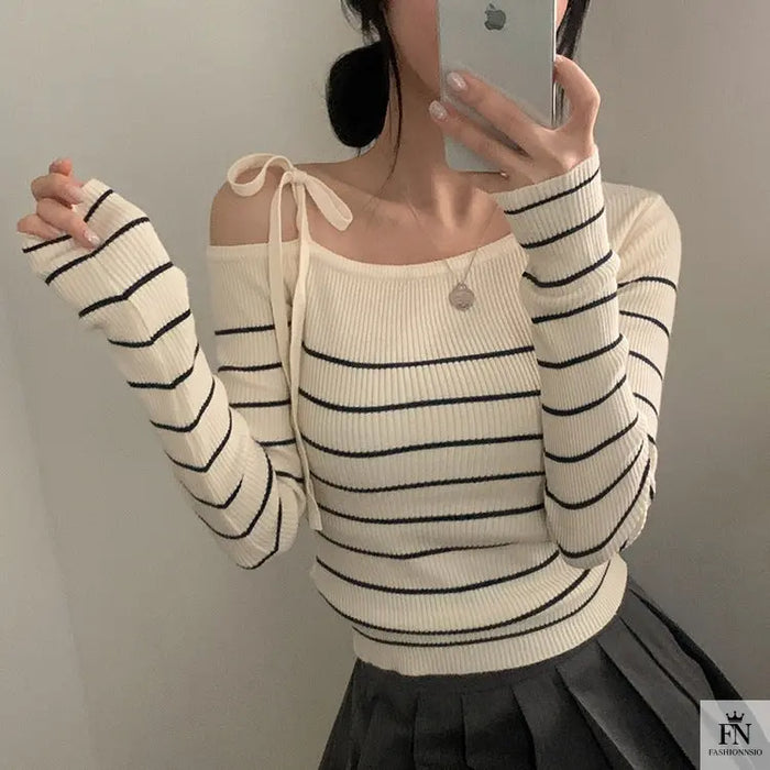 Cold Shoulder Striped Bow Top - Fashionnsio