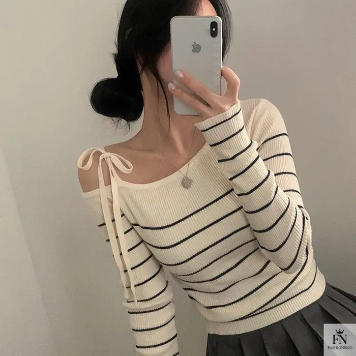 Cold Shoulder Striped Bow Top - Fashionnsio
