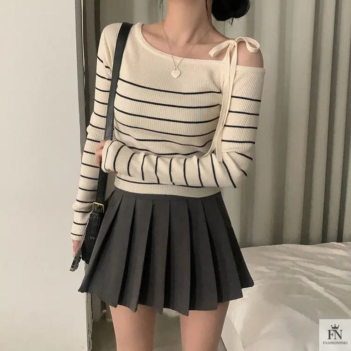 Cold Shoulder Striped Bow Top - Fashionnsio