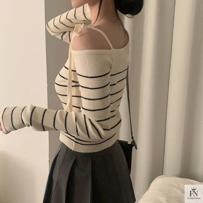 Cold Shoulder Striped Bow Top - Fashionnsio