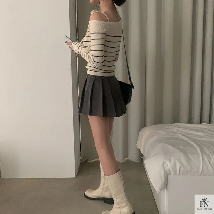 Cold Shoulder Striped Bow Top - Fashionnsio