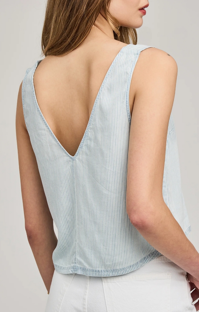 Light blue striped sleeveless top worn by a person on a plain background