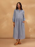 Collarless Half Placket Midi Dress