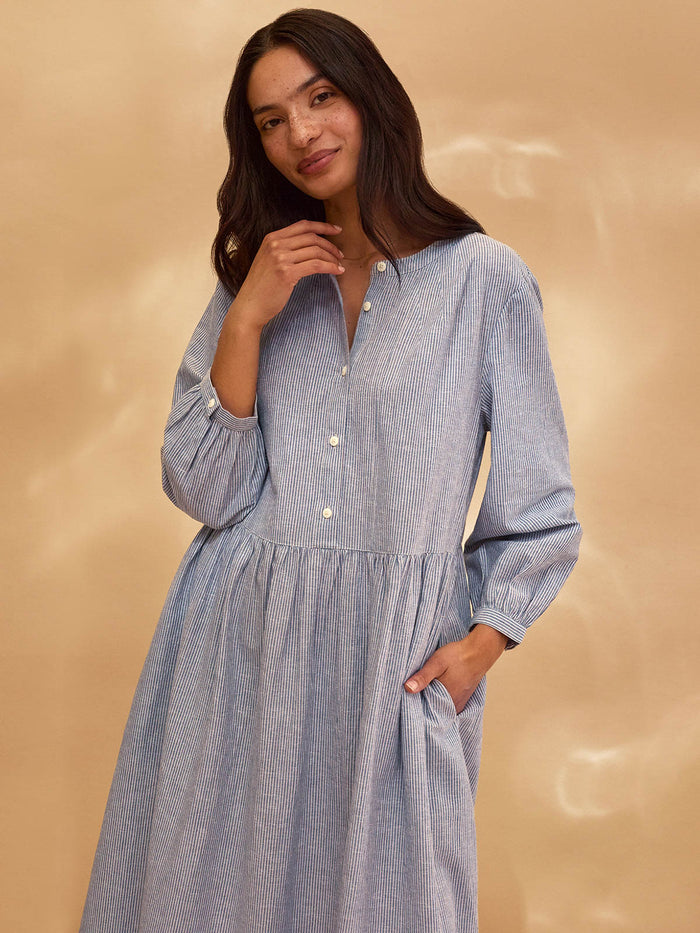 Collarless Half Placket Midi Dress