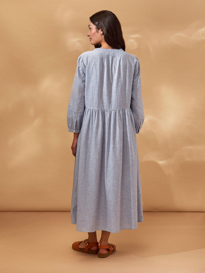 Collarless Half Placket Midi Dress