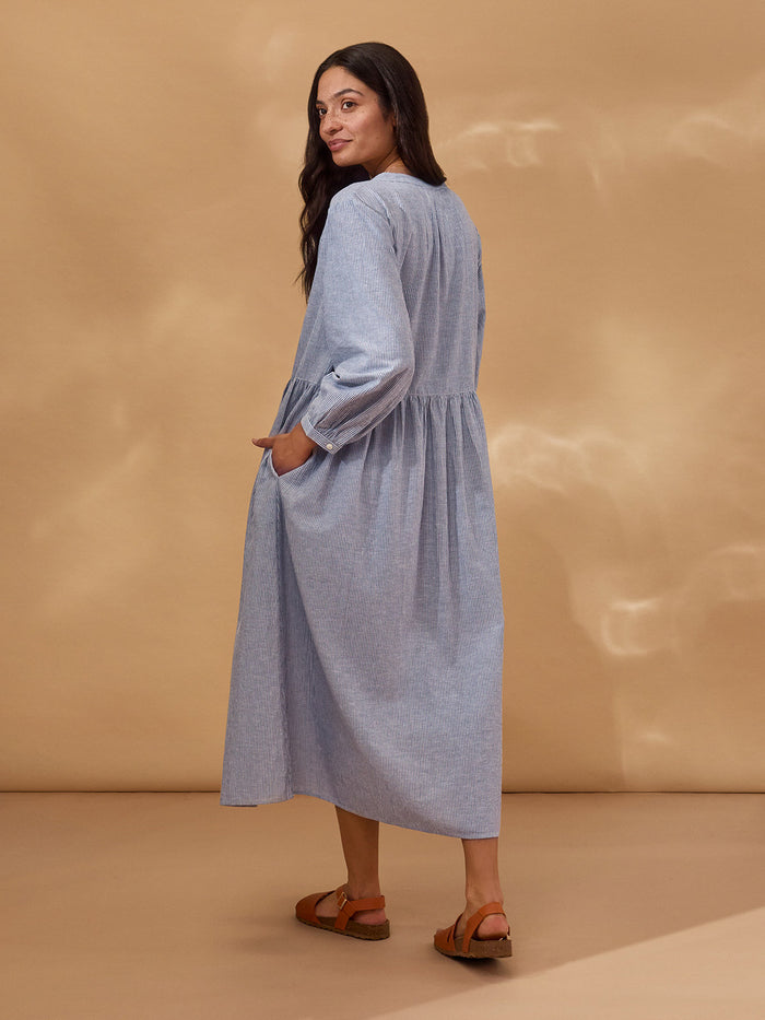 Collarless Half Placket Midi Dress